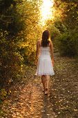 image of walking  - Young girl with white dress walking onto a mysterious path in the forest - JPG 