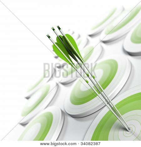 Picture or Photo of Many green targets and three arrows reaching the center of objective image fading from green to white with blur effect square format. Strategic marketing or business competitive advantage concept.