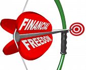 stock photo of investment  - An arrow reading Financial Freedom is aimed with a bow at a bulls - JPG 
