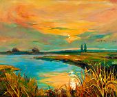 stock photo of rush  - Original oil painting showing beautiful lakesunset landscape - JPG 