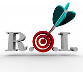 image of investment  - The acronymn ROI meaning Return on Investment with an arrow hitting a bullseye in the middle - JPG 
