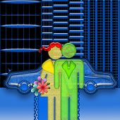 pic of blue sky  - Romantic couple of respectable rich man and woman with flowers at the first date near expensive car in the night modern city - JPG 