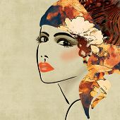 image of art  - art colorful sketching beautiful girl face on sepia  background - JPG 