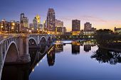 stock photo of outdoor  - Image of Minneapolis downtown skyline at sunset - JPG 