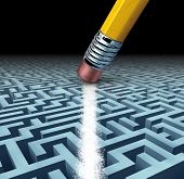 foto of answer  - Finding solutions and solving a problem searching the best creative answers against a complicated and complex three dimensional maze having a clear shortcut path created by erasing the labyrinth with a pencil eraser - JPG 