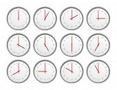 picture of time  - An image of 12 clocks with different time - JPG 