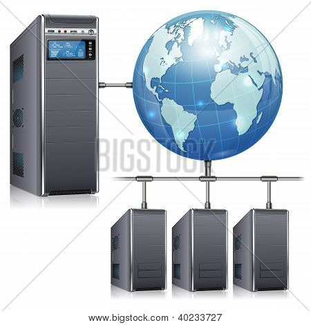 Picture or Photo of Network Concept - Servers with LCD Display Workstation and Earth isolated on white background vector illustration