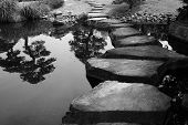 picture of bridge  - Stepping stones bridge across a pond in a Japanese Garden - JPG 