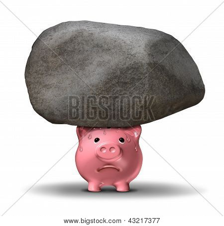 Picture or Photo of Financial pressure and the emotional stress of money worries business savings concept caused by the burden of heavy debt with a worried piggy bank supporting a giant rock.