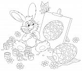 stock photo of outline  - Funny rabbit drawing a decorated Easter egg to the upcoming holiday - JPG 