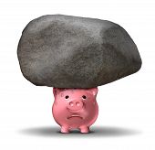 foto of finance  - Financial pressure and the emotional stress of money worries business savings concept caused by the burden of heavy debt with a worried piggy bank supporting a giant rock - JPG 