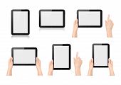 image of points  - High quality set of digital tablets like apple ipad in different positions both vertical and horizontal held by no one or two hands with or without one hand pointing on white - JPG 