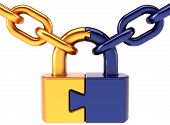 picture of puzzle  - Puzzle padlock closed lock with chain colored golden blue - JPG 