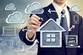stock photo of technology  - Cloud computing technology connectivity home concept on big city backdrop - JPG 