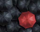 image of security  - High angle view of red umbrella over many dark ones - JPG 