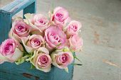 picture of blue  - Roses in an old blue wooden gardening basket on vintage textured green background - JPG 
