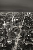 stock photo of buildings  - New York City Manhattan aerial view at dusk with urban city skyline and skyscrapers buildings black and white - JPG 