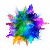 Explosion of colored powder, isolated on white background. Power and art concept, abstract blast of 