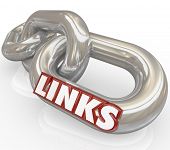 picture of linked  - Several metal chains linked together with the word Links illustrating how things are connected in relationships and communication - JPG 