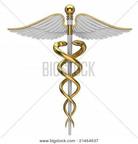 Picture or Photo of Golden caduceus medical symbol isolated on a white background.