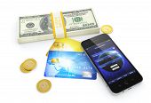 foto of dollar  - 3D illustration of dollar bills golden coins credit cards and smartphone with mobile banking application on screen - JPG 
