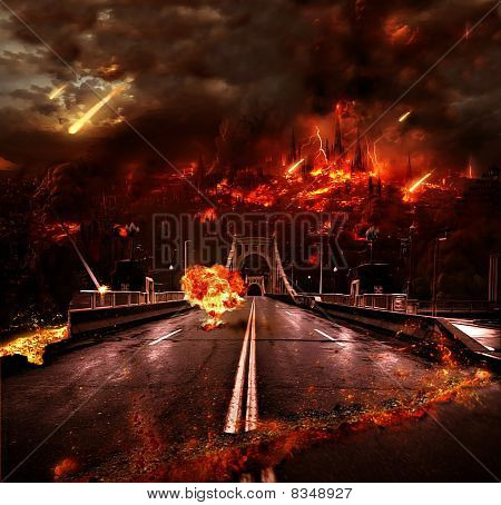 Picture or Photo of A Armageddon end of the world type manipulation. Fire raining down.