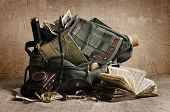 image of watch  - Still life with an old backpack and travel accessories 
(The elements used for this image:
Map - Creation Year 1936. Release of 1940
Book - The Bible on the old Latvian. Release of 18-19 century) - JPG 