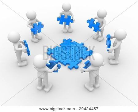 Picture or Photo of 3d people - human character person in circle and puzzle pieces ( jigsaw ). 3d render