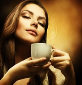 stock photo of woman  - Beautiful Woman Drinking Coffee - JPG 
