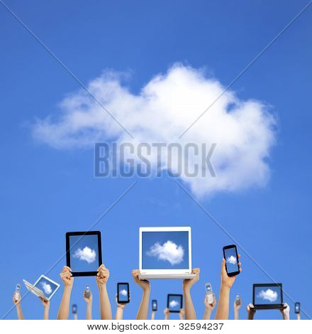 Picture or Photo of Cloud computing concept.hands holding computer laptop smart phone tablet and touch pad