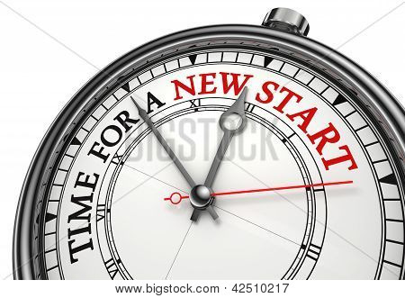 Picture or Photo of Time for a new start concept clock closeup on white background with red and black words
