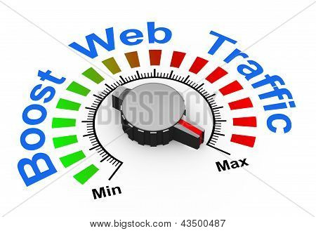 Picture or Photo of 3d illustration of knob set at maximum for boosting web traffic.