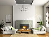 stock photo of interior  - Home interior with fireplace and sofas 3D rendering - JPG 