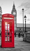 stock photo of black  - A  traditional red phone booth in London with the Big Ben in a black and white background - JPG 