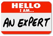 picture of meeting  - The words Hello I Am An Expert written on a red nametag or sticker for a consultant or other business professional to wear and solicit new clients and business for his firm or practice - JPG 
