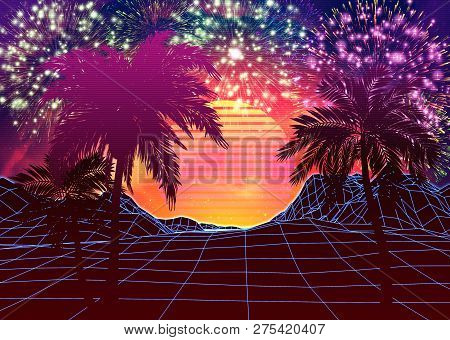 Poster: Vaporwave Landscape With Rocks And