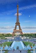 stock photo of france  - The Eiffel Tower and fountains de Varsovie seen at evening from Trocadero in Paris France - JPG 