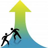 picture of help  - Person lends a helping hand to success up arrow to a friend - JPG 