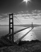 stock photo of bridge  - Golden Gate bridge and San Francisco seen from Battery Spencer black and white - JPG 