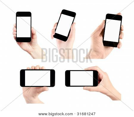 Picture or Photo of Hand holding mobile smart phone with blank screen. Set of 5 various photos. Isolated on white.