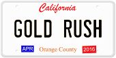 stock photo of rush  - An imitation California license plate with April 2016 stickers and GOLD RUSH written on it making a concept - JPG 