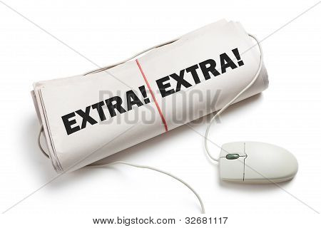 Picture or Photo of News Extra Computer mouse and Newspaper Roll with white background