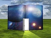 image of science  - Book with science fiction scene and open doorway of light - JPG 