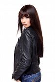 picture of glamorous  - Glamorous young woman in black leather jacket on white background - JPG 