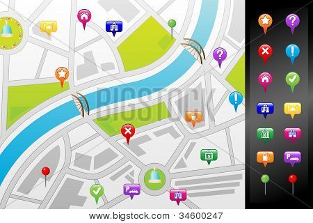 Picture or Photo of A vector illustration of a GPS street map with usable icons