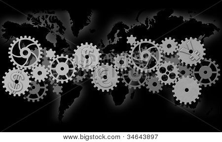 Picture or Photo of Gears with symbols of world currencies and map