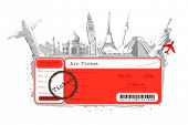 picture of holidays  - illustration of flight ticket with famous monument around the world - JPG 