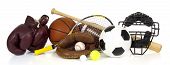 picture of sports  - Variety of sports equipment on white background with copy space items include boxing gloves a basketball a soccer ball a football a baseball bat a catcher - JPG 