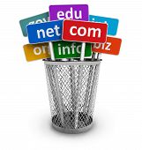 image of net  - Signs with internet domain names in metal bucket on white background - JPG 
