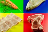 stock photo of food  - food safety color coded cutting boards with ingredients - JPG 